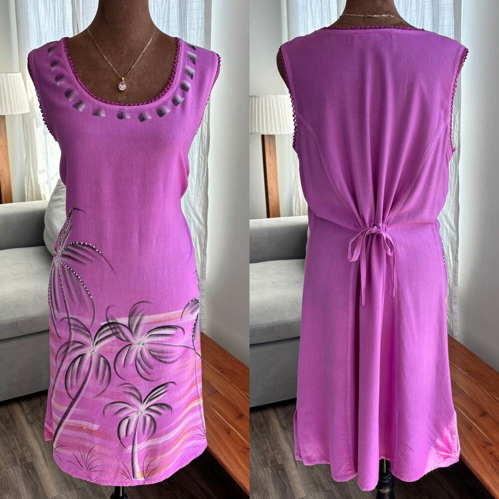 2000s Vintage Raya Sun Y2K Tropical Pink Palm Tree Sequin Embellished Dress M